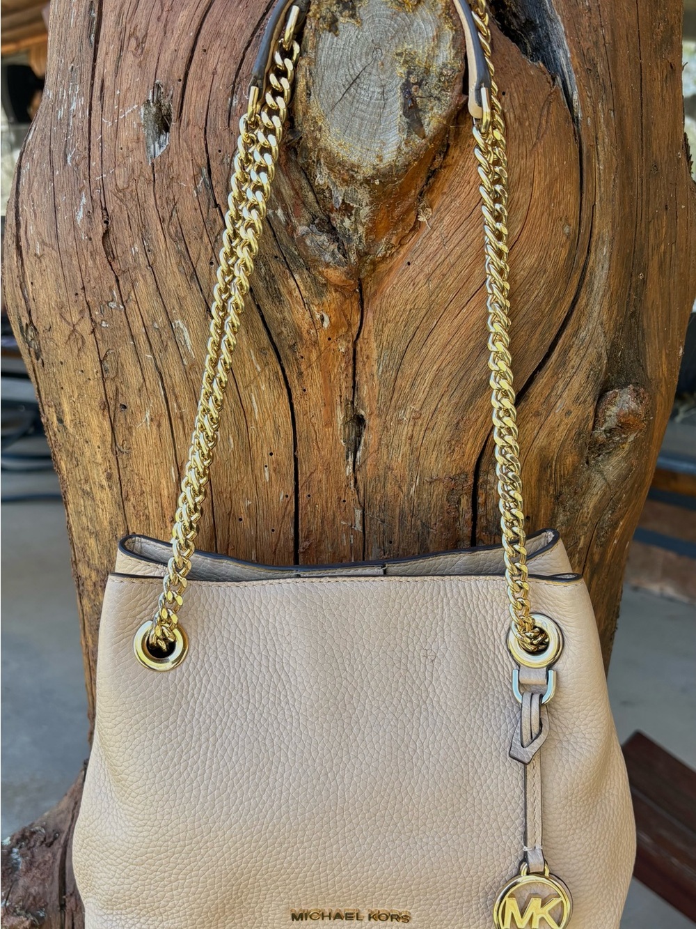 Michael Kors Beige Pebbled Leather Shoulder Bag with Gold Chain Straps